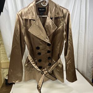 Brandon Thomas Womens Trench Coat Gold Satin Double Breasted Belted Size L